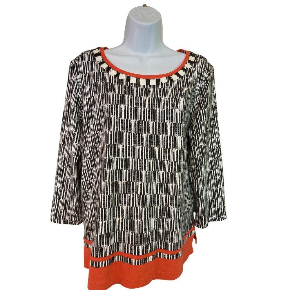 Ruby Rd Womens Top XL Black White Abstract Print Orange Accents 3/4 Sleeve